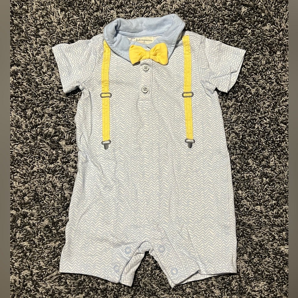 ❌SOLD❌ Baby 3-6mo First Impressions Baby Romper with Yellow Suspenders